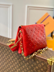 COUSSIN PM 27 RED MONOGRAM EMBOSSED PUFFY LAMBSKIN