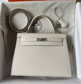 HM KELLY 25CM WHITE EPSOM SILVER HARDWARE