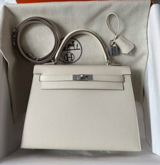 HM KELLY 25CM WHITE EPSOM SILVER HARDWARE