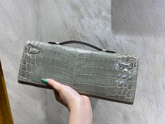 KELLY CUT 31 IN ASH GRAY SHINNY ALLIGATOR LEATHER WITH SILVER HARDWARE