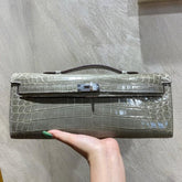KELLY CUT 31 IN ASH GRAY SHINNY ALLIGATOR LEATHER WITH SILVER HARDWARE