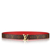 LV INITIALES 30 MM REVERSIBLE BELT IN BROWN MONOGRAM AND CHERRY RED CALFSKIN GOLD HARDWARE