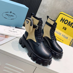 PRADA 25S MONOLITH BRUSHED AND RE NYLON BOOTS WITH POUCH BLACK AND MUTED OLIVE