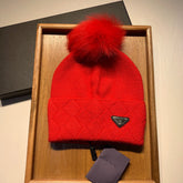BEANIE HAT IN CHERRY RED WOOL AND RABBIT FUR 361436