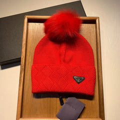 BEANIE HAT IN CHERRY RED WOOL AND RABBIT FUR 361436