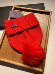 BEANIE HAT IN CHERRY RED WOOL AND RABBIT FUR 361436