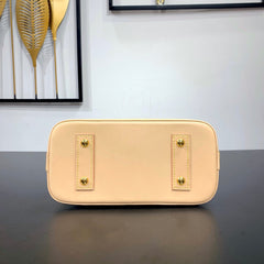 ALMA BB 23 IN BROWN MONOGRAM CANVAS AND BEIGE CALFSKIN TRIM GOLD BUCKLE