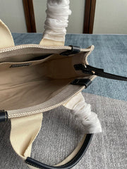 SMALL STRAP WOODY TOTE BAG 26.5 IN BEIGE LINEN CANVAS BLACK WEBBING LOGO EMBROIDER BLACK CALFSKIN