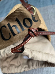 SMALL WOODY BASKET 17 IN NATURAL FIBERS BROWN WEBBING DARK BROWN CALFSKIN