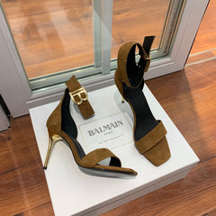 BALMAIN 25S THIN STRAP HIGH HEELS 105MM IN DARK BROWN SUEDE GOLD HARDWARE