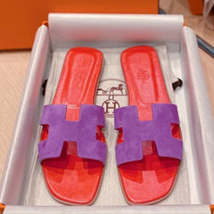 0RAN SANDALS IN VIOLET PURPLE SUEDE AND CHERRY RED CALFSKIN