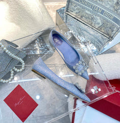 EFFLORESCENCE BALLERINAS IN BLUE CALFSKIN WITH FULLY EMBELLISHED CRYSTALS