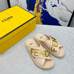 FENDI GRAPHY LOGO LETTERING SLIDES IN BEIGE LAMBSKIN WITH GOLD HARDWARE