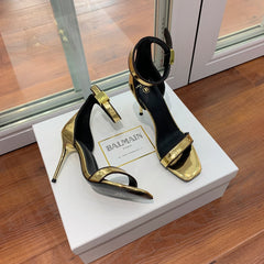 BALMAIN 25S UMA HEELED SANDALS 105MM IN GOLD CALFSKIN