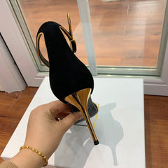 BALMAIN 25S UMA HEELED SANDALS 105MM IN BLACK SUEDE GOLD HARDWARE