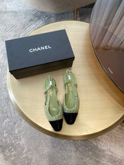 SLINGBACKS IN LIGHT GREEN FABRIC AND BLACK CALFSKIN