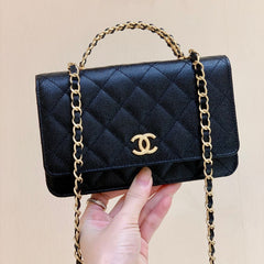 CHANEL 25S TOP HANDLE BAG 19 IN BLACK WALLET ON CHAIN LAMBSKIN