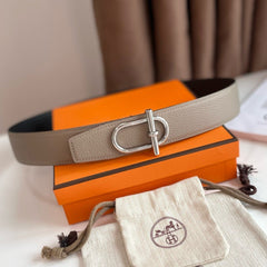 HM ITHAQUE BELT SILVER BUCKLE & REVERSIBLE CAMEL BROWN AND BLACK LEATHER STRAP 38MM