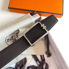 TUBE H BELT SILVER BUCKLE & REVERSIBLE DARK BROWN LEATHER STRAP 38MM