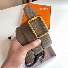 TUBE H BELT BUCKLE & REVERSIBLE KHAKI BROWN AND BLACK LEATHER STRAP 38MM GOLD HARDWARE