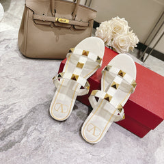 ROMAN STUD WHITE CALFSKIN FLAT SLIDE SANDAL 25 MM