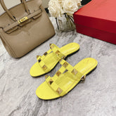 ROMAN STUD BRIGHT YELLOW CALFSKIN FLAT SLIDE SANDAL 25 MM