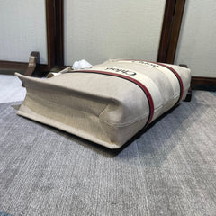 LAGRE WOODY TOTE BAG 45 IN BEIGE LINEN CANVAS BLACK WEBBING LOGO EMBROIDER RED CALFSKIN