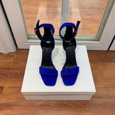 BALMAIN 25S THIN STRAP HIGH HEELS 105MM IN DARK BLUE SUEDE GOLD HARDWARE
