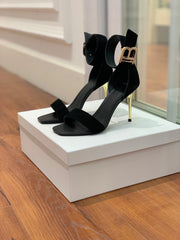BALMAIN 25S THIN STRAP HIGH HEELS 105MM IN BLACK SUEDE GOLD HARDWARE