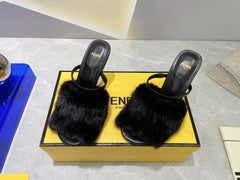 FENDI FIRST HIGH HEEL 95 MM SANDAL IN BLACK MINK FUR