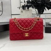 CC 25 CLASSIC SMALL DOUBLE FLAP BAG IN CHERRY RED CALFSKIN WITH STRAP