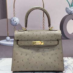 KELLY BAG 20 IN KHAKI BEIGE OSTRICH LEATHER WITH GOLD HARDWARE