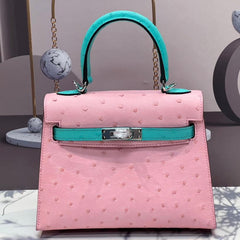 KELLY BAG 20 IN FLAMINGO PINK MIX CYAN BLUE OSTRICH LEATHER WITH SILVER HARDWARE