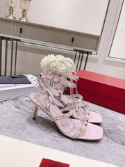 HIGH HEEL 6 CM SANDAL IN LIGHT PINK LAMBSKIN WITH STUDS