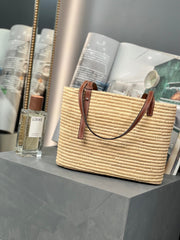 SMALL SQUARE 28 BASKET BAG IN RAFFIA AND CALFSKIN