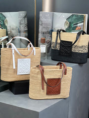 SMALL SQUARE 28 BASKET BAG IN RAFFIA AND CALFSKIN