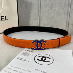 CC 30MM BELT IN FIRE ORANGE GRAINED CALFSKIN WITH NAVY BLUE METAL LOGO