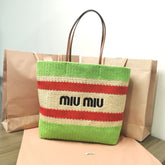 TOTE BAG 40 IN STRIPED PATTERN OF LIGHT GREEN RED AND CREAM WHITE WOVEN RAFFIA