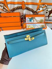 KELLY CUT 31 IN AZURE BLUE CALFSKIN WITH GOLD HARDWARE