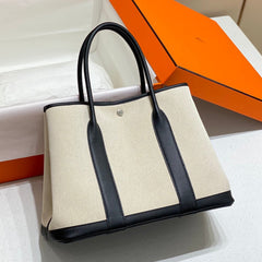 GARDEN PARTY 36CM IN WHITE TOILETS COTTON CANVAS AND BLACK CALFSKIN