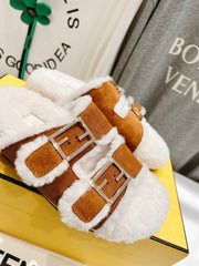 FENDI DAD SANDAL MULE IN BRONZE BROWN SUEDE WITH WHITE FLEECE