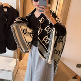 SQUARE SCARF 140 CM IN BLACK MIX WHITE SILK CASHMERE 401511