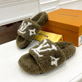 LV FLAT SLIPPER IN ARMY GREEN MIX WHITE SHEARLING