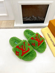 LV FLAT SLIPPER IN LAWN GREEN MIX CHERRY RED SHEARLING