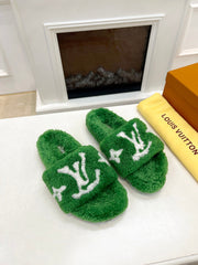 LV FLAT SLIPPER IN EMERALD GREEN MIX WHITE SHEARLING