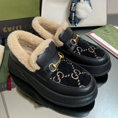 GG LOAFER IN BLACK JACQUARD AND CALFSKIN WITH BEIGE WOOL LINING