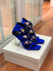 BALMAIN 25S HIGH HEELS 95MM IN DARK BLUE SUEDE WITH PEARL