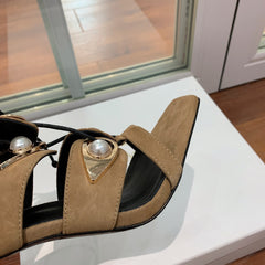 BALMAIN 25S HIGH HEELS 95MM IN LIGHT BROWN SUEDE WITH PEARL