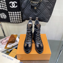 LAUREATE PLATFORM BOOTS IN BLACK SUEDE AND CHOCOLATE BROWN CALFSKIN