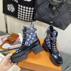 LAUREATE PLATFORM BOOTS IN BLACK SUEDE AND NAVY BLUE MONOGRAM JACQUARD PATTERN